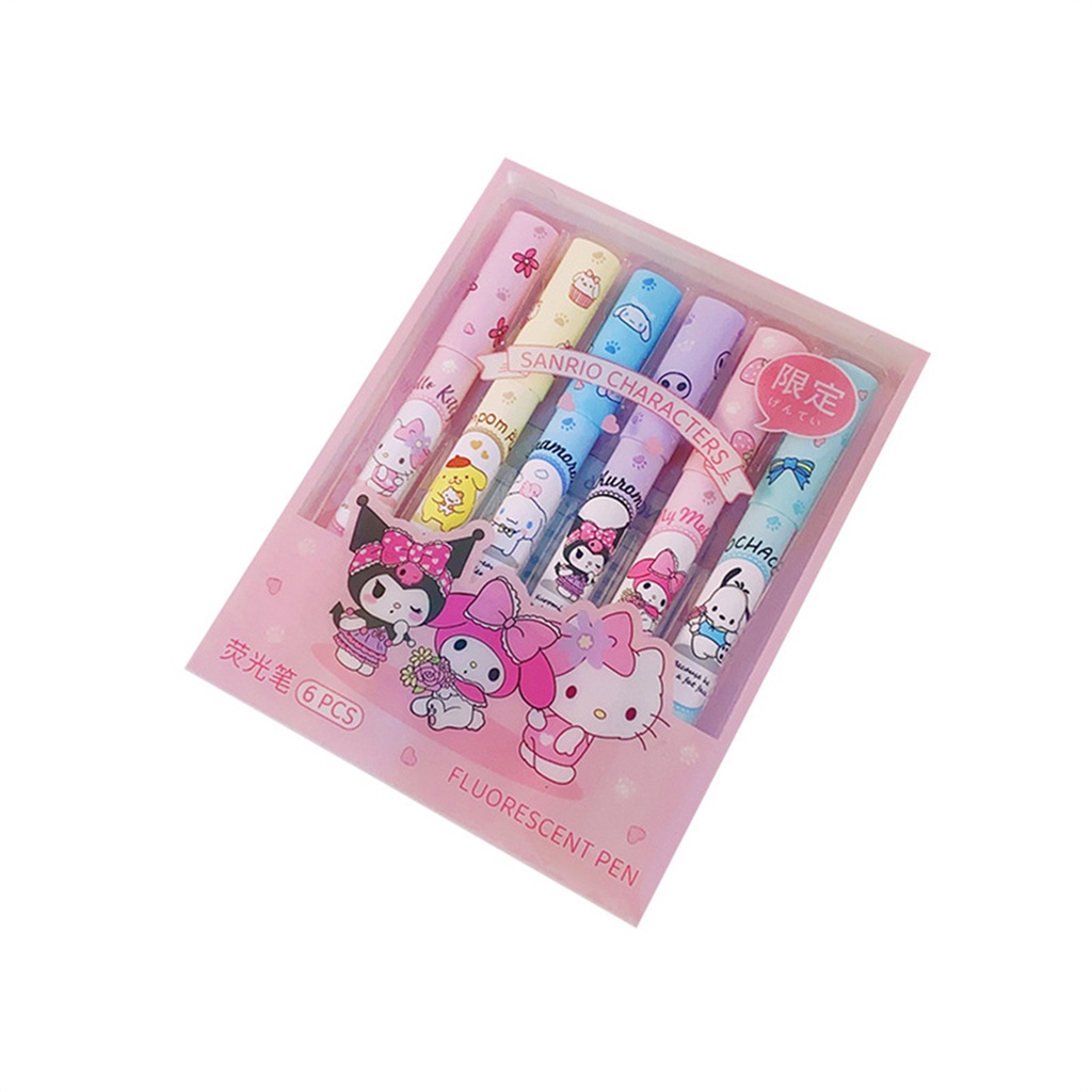 ⚡VẬN CHUYỂN NHANH⚡⚡ 6 Cái/hộp Bộ Bút Đánh Dấu Sanrio Hello Kitty Kuromi Anime Bút Đánh Dấu Bút Huỳnh Quang Pompompurin Dễ Thương Văn Phòng   Học Sinh Sáng Tạo