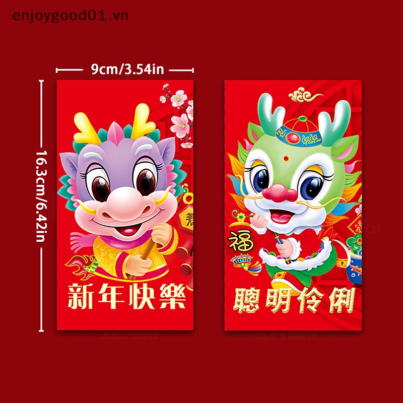 Set 5 Bao Lì Xì Đỏ Hình Rồng Hoạt Hình Trung Hoa 2024 cny Trang Trí Năm Mới 2024
