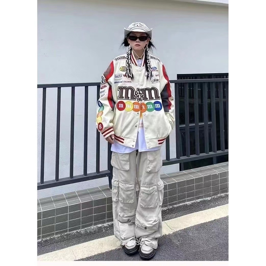 Áo khoác bóng chày nam ngắn tay dài một hàng nút in chữ kỹ thuật số Đa năng thời trang harajuku mới cho cặp Đôi