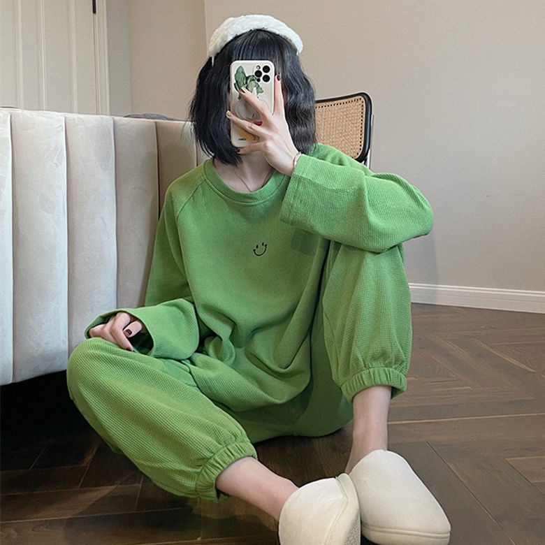 Bộ Đồ Ngủ Tay Dài Dáng Rộng in Hình Bánh waffle Cười Dễ Thương Thời Trang Mùa Thu Cho Nữ