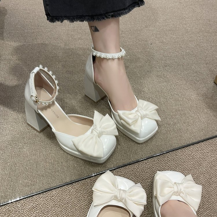 Giày Cao Gót Mũi Vuông Đính Nơ Ngọc Trai Xinh Xắn