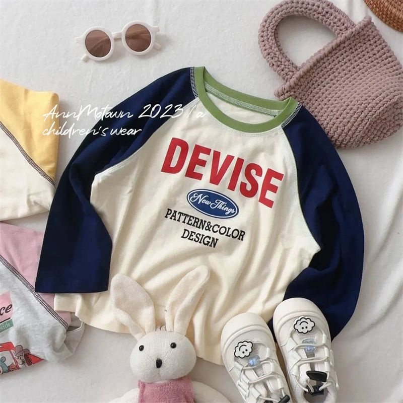 Áo Thun cotton Tay Dài Màu Tương Phản Thời Trang Xuân Thu 2023 Cho Bé Gái