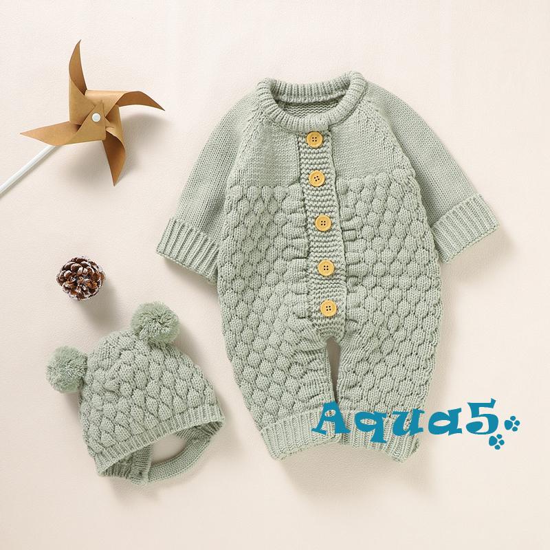 Aqua-bộ 2 Món Áo Liền Quần Dệt Kim Tay Dài Màu Trơn + Mũ Gấu Thời Trang Mùa Đông Cho Bé