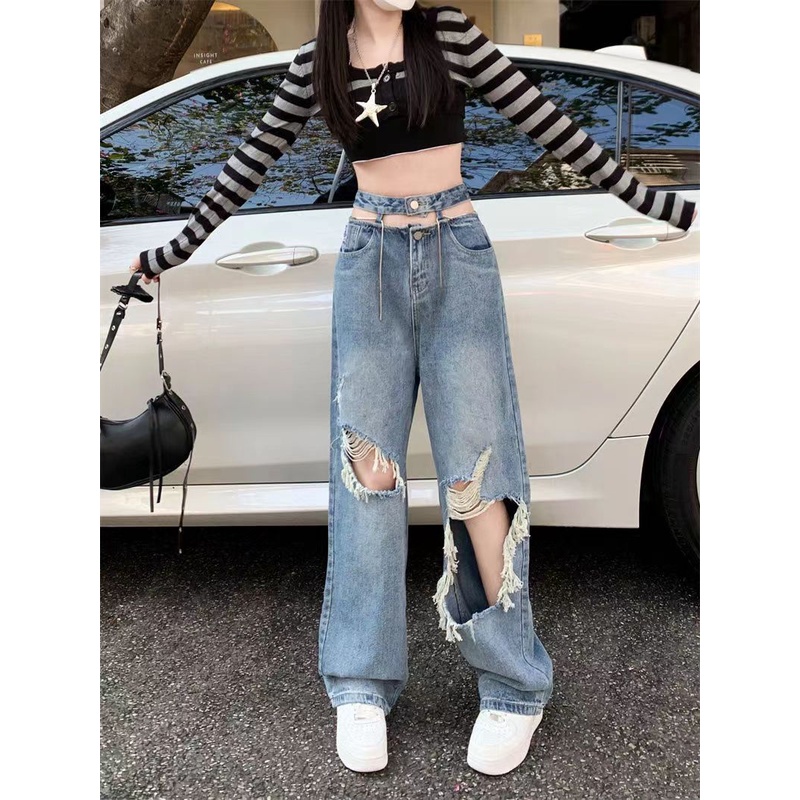 Quần Jean Ống Rộng Rách Gối Thời Trang Xuân Thu Cho Nữ