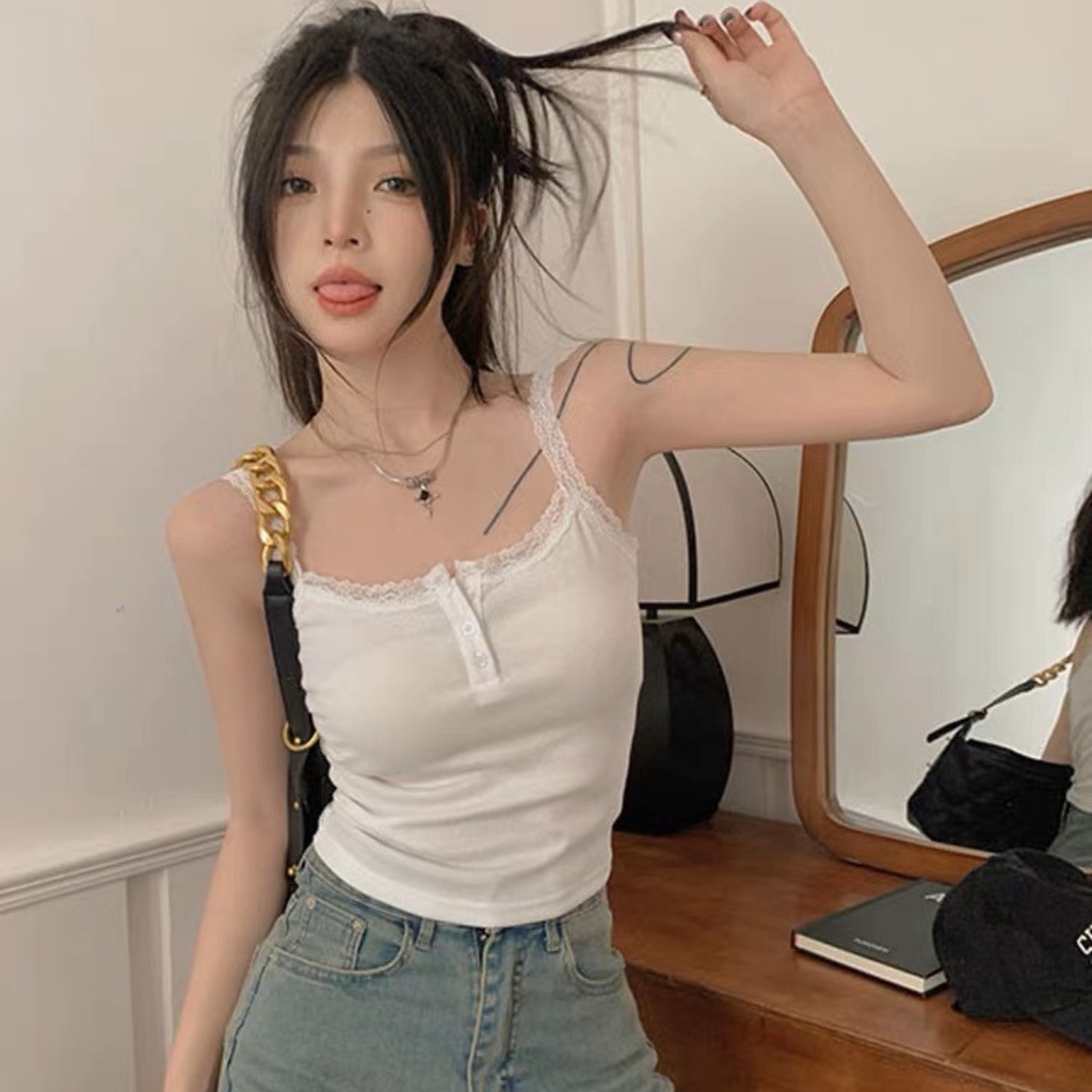 Áo 2 dây kiểu viền ren PINKSTORE29 phối cúc cổ siêu nữ tính A5876