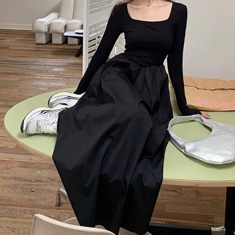 IELGY Đầm Midi Tay Dài Cổ Vuông Thời Trang Mùa Thu Cho Nữ