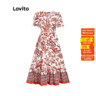 Đầm LOVITO midi viền xếp nếp tôn dáng cổ chữ V dáng chữ A họa tiết hoa phong cách boho cho nữ L45LD049 (màu đỏ cam)