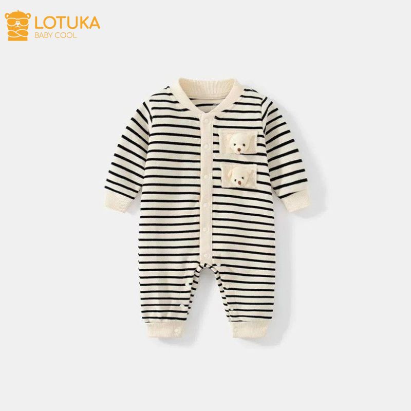 Body LOTUKA Cho Bé, Bodysuit Tăm Thu Kẻ Đính Gấu Cho Bé Trai Bé Gái, Bộ Liền Thân Dài Tay Size 3-12kg