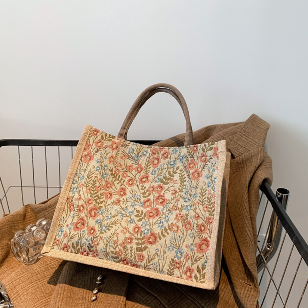 1 Túi Xách Vải Lanh Dáng Vuông Nhỏ Họa Tiết Hoa Phong Cách retro Cho Nữ