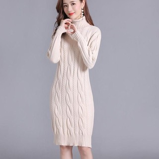 [Spot Hot Sale] Thu đông ăn mặc váy dệt kim dài cho phụ nữ Hàn Quốc hiển thị mỏng dệt kim hàng đầu cho phụ nữ kích thước lớn áo len đầm dài tay áo dệt kim cao cổ áo len cho phụ nữ