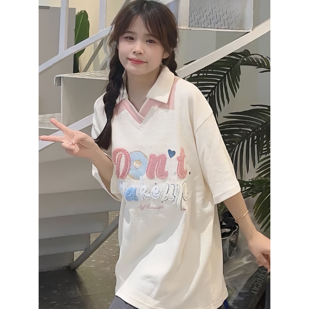 Áo Thun polo Ngắn Tay Form Rộng Màu Sắc Tương Phản Thời Trang Mùa Hè Cho Nữ