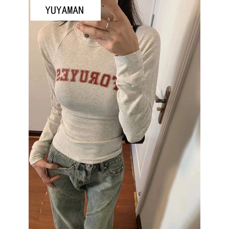 YUYAMAN Áo phông áo croptop Áo thun dài tay kiểu Mỹ Vintage Slim áo thun nữ croptop baby tee Thời trang hàn quốc A29J2H5 36Z230904