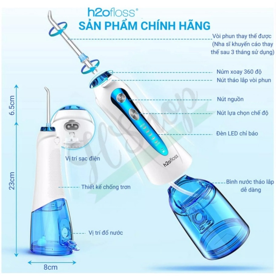 Máy Tăm Nước H2ofloss HF-9P Tăm Nước Cầm Tay Dụng cụ vệ sinh răng miệng (chính hãng)