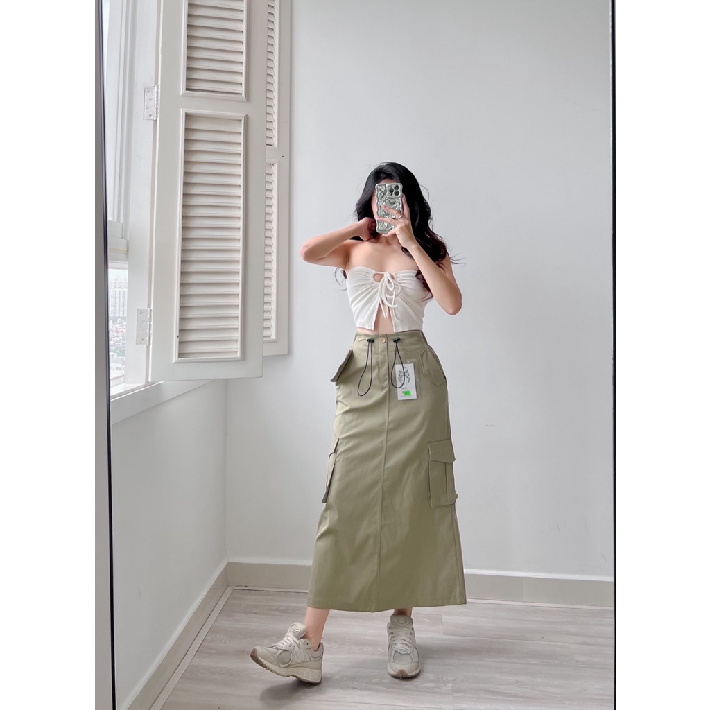 AIORI - Váy Dài Nữ KaKi Túi Hộp Lưng Thun Co Giãn Có Dây Siết Eo Mã V010