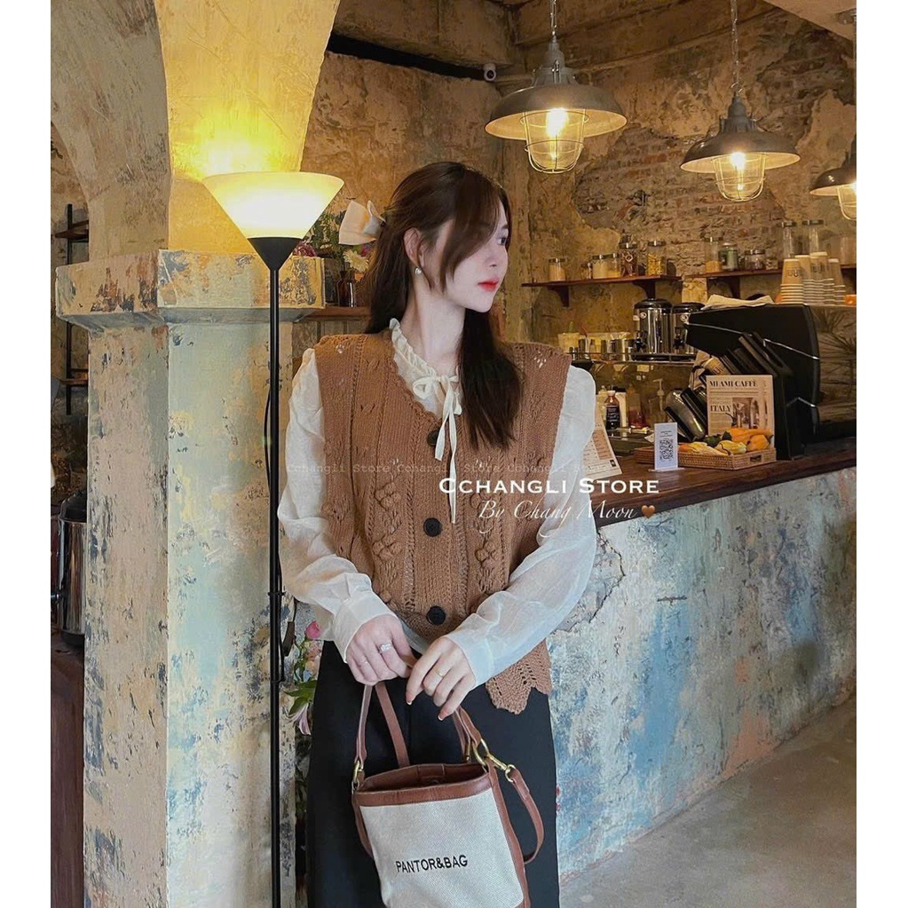 Set áo gile len nâu vintage kèm áo sơ mi bèo hàng QC L1