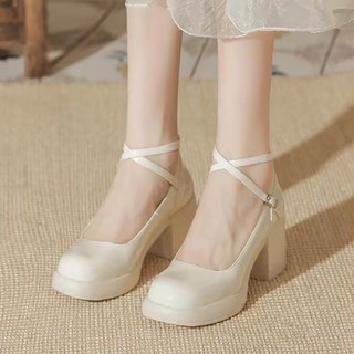Giày cao gót mũi tròn dây đan chéo thời trang cho nữ