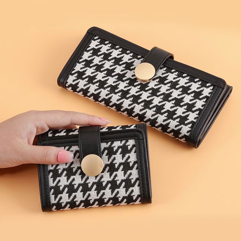 Ví dài CAIYUNYU gập ba đa năng dáng ngắn họa tiết houndstooth thời trang cho nữ