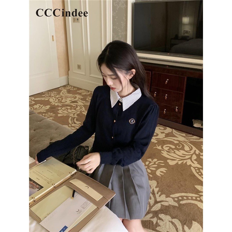Cccindee Áo Khoác cardigan Tay Dài Cổ Bẻ Dáng Ôm Màu Tương Phản Thời Trang 2023 Dành Cho Bạn Nữ