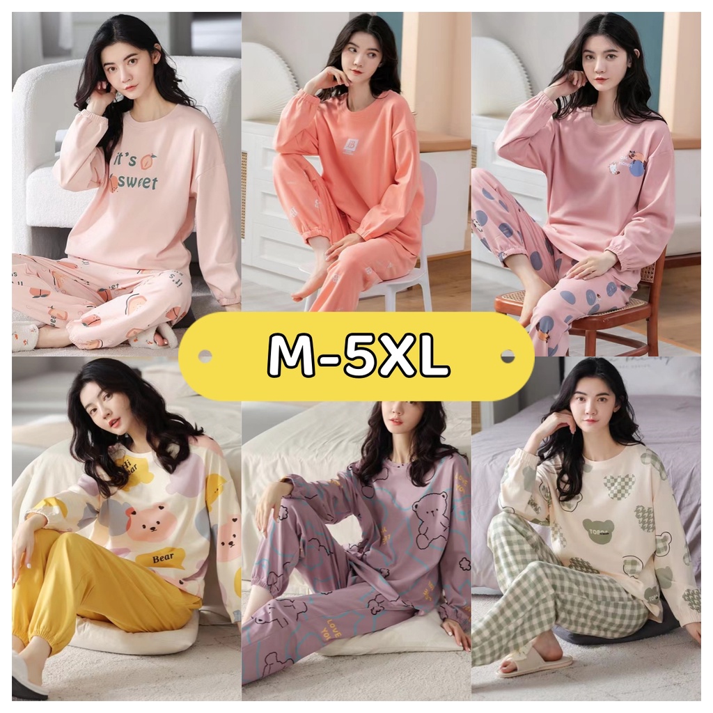 Bộ Đồ Ngủ Pijama Tay Dài Dáng Rộng Cỡ Lớn m-5xl Thời Trang Cho Nữ