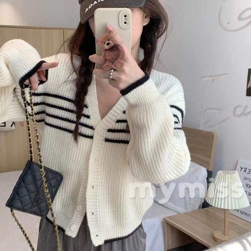 Mymiss-áo sweater Dệt Kim Mềm Dáng Rộng Tay Dài Cổ Chữ v Cài Nút Kẻ Sọc Thời Trang Thu Đông Thường
