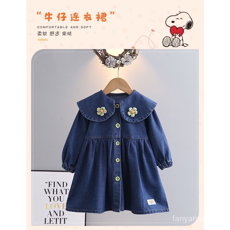 Đầm denim Tay Dài In Hình snoopy Phong Cách Hàn Quốc Thời Trang Xuân Thu Cho Bé Gái