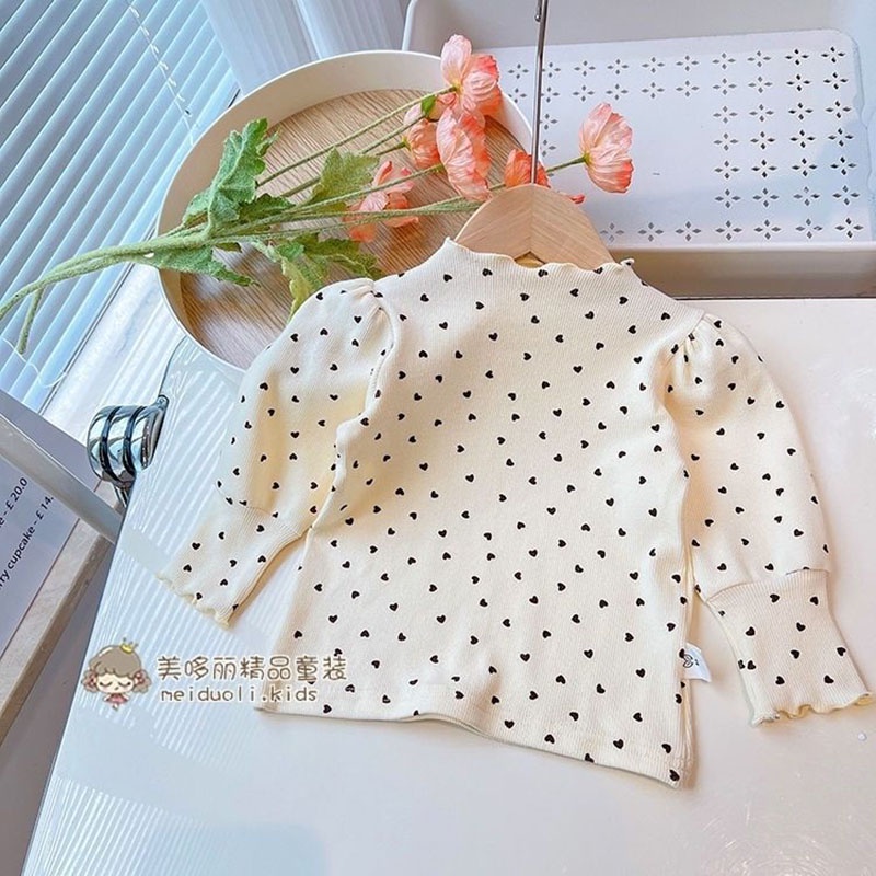 Áo Thun cotton Tay Phồng Dài Cổ Cao In Họa Tiết Trái Tim Thời Trang Xuân Thu Cho Bé Gái 3-7 Tuổi