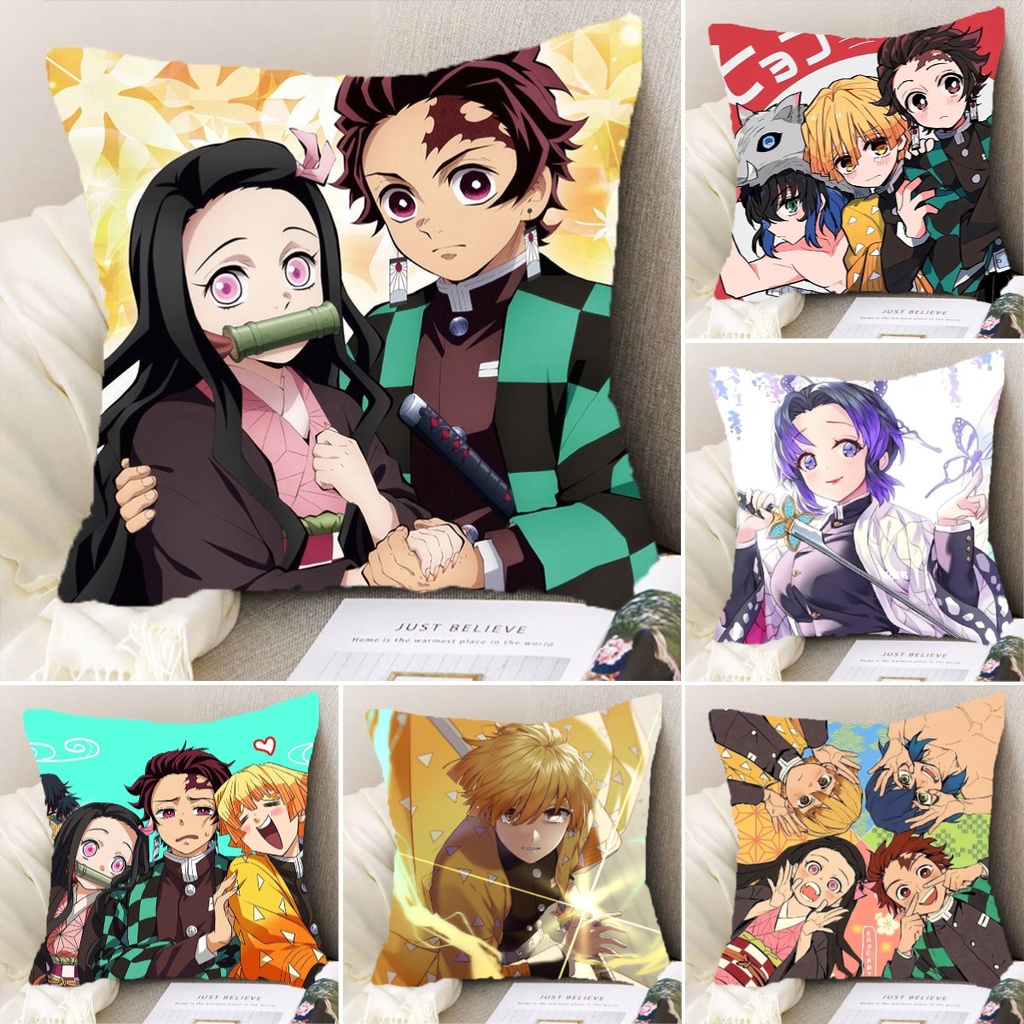 [In hai mặt] Gối Demon Slayer Tanjiro Nezuko, đệm vuông 45x45cm, trang trí sofa, ô tô, quà tặng Bant