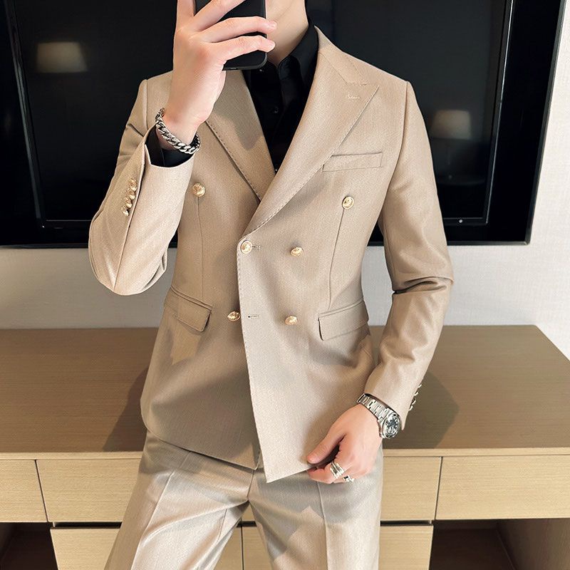 Áo Khoác blazer Hai Hàng Nút Bằng Kim Loại Cao Cấp Ôm Dáng Màu Xanh navy Phong Cách Anh Quốc Cho Nam