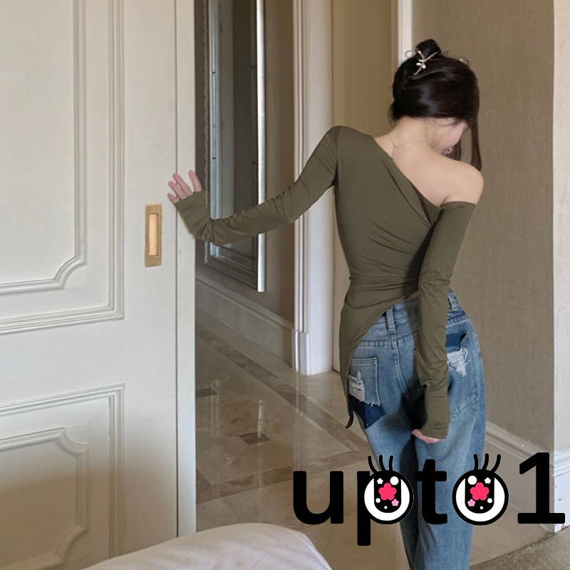 Áo Thun Lệch Vai Tay Dài Màu Sắc Trơn Thời Trang Dành Cho Nữ