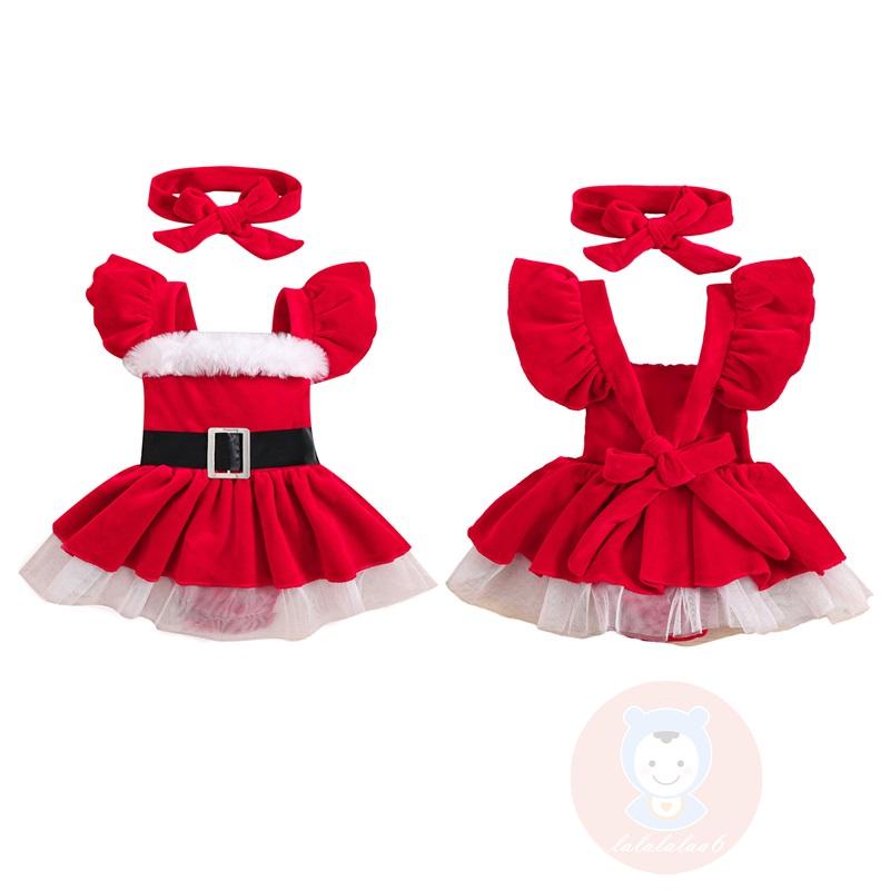 Laa6-bộ 2 Món Áo Liền Quần + Băng Đô Nhung Ghép Vải Lưới Giáng Sinh Dễ Thương Cho Bé Gái