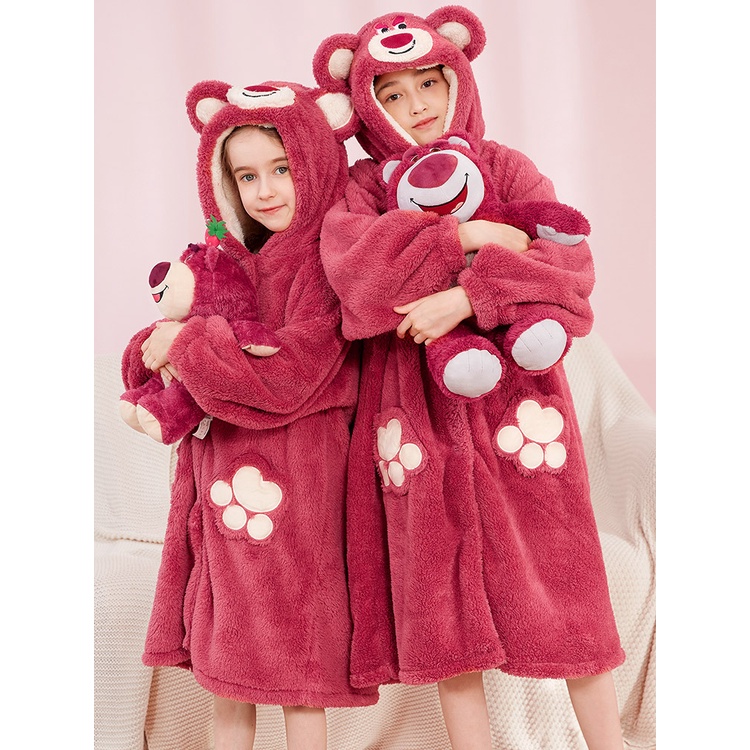 IKIDS Bộ đồ ngủ trẻ em Bộ đồ ngủ ấm áp nhung san hô dày gấu dâu tây đỏ của cô gái mới