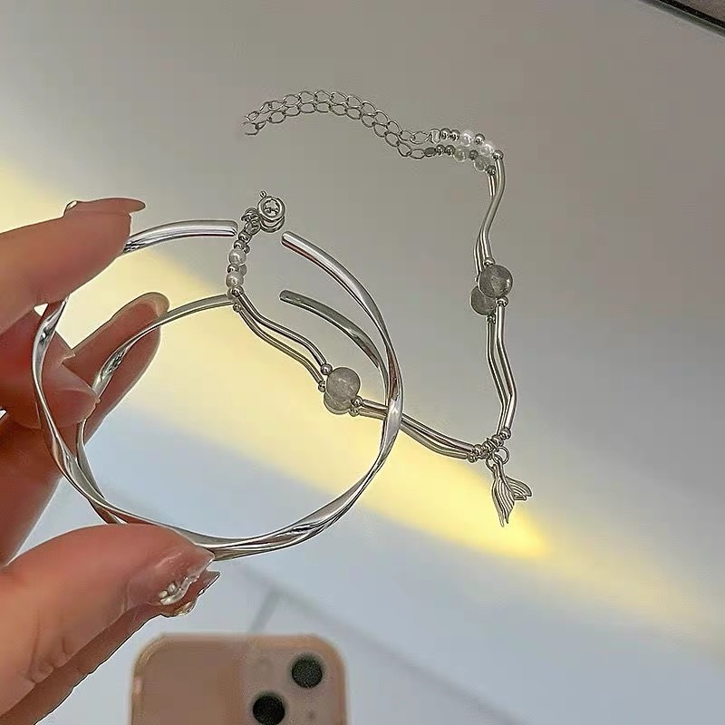 1 Bộ Vòng Tay Bạc Hình Đuôi Nàng Tiên Cá Thời Trang Đơn Giản Sáng Tạo Dành Cho