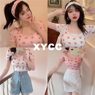 Áo Thun Nữ Ngắn Tay Cổ Tròn In Hình Quả Đào Dễ Thương