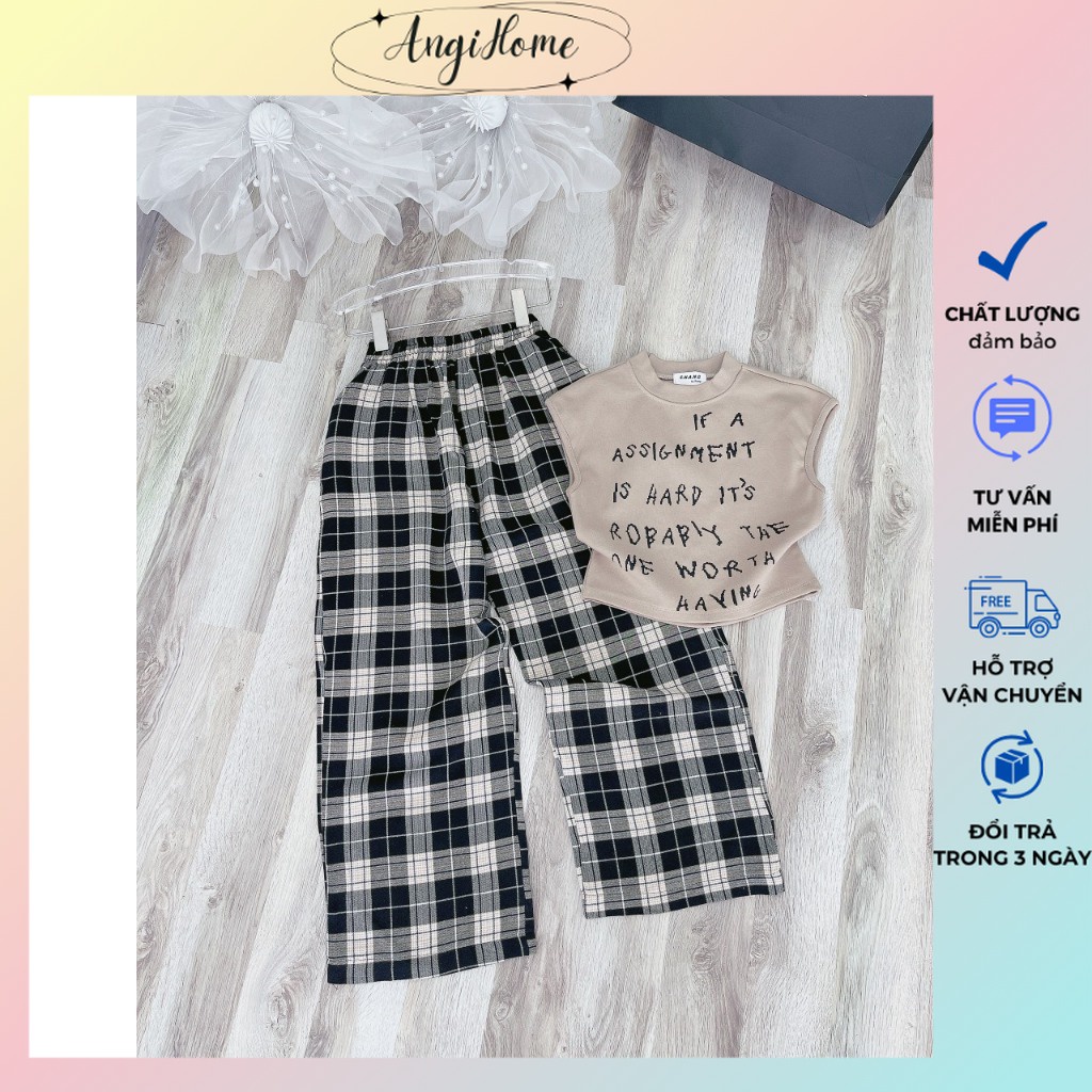 SET ÁO KEM CHỮ SÁT NÁCH + QUẦN CARO SUÔNG ANGIHOME