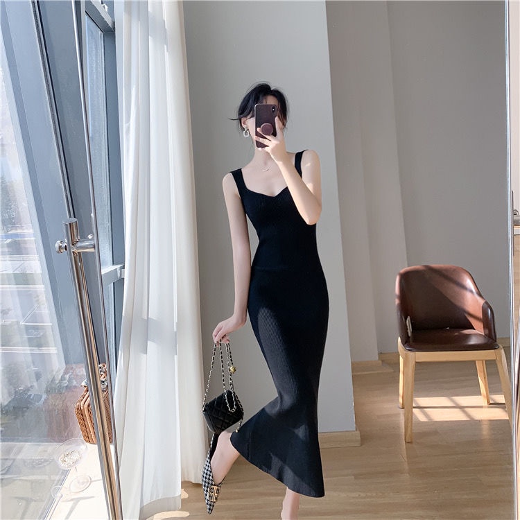 Mqaq 2023 Áo tank top Không Tay Cổ Chữ v + Chân Váy Dài Dệt Kim Thời Trang Mùa Thu Pháp