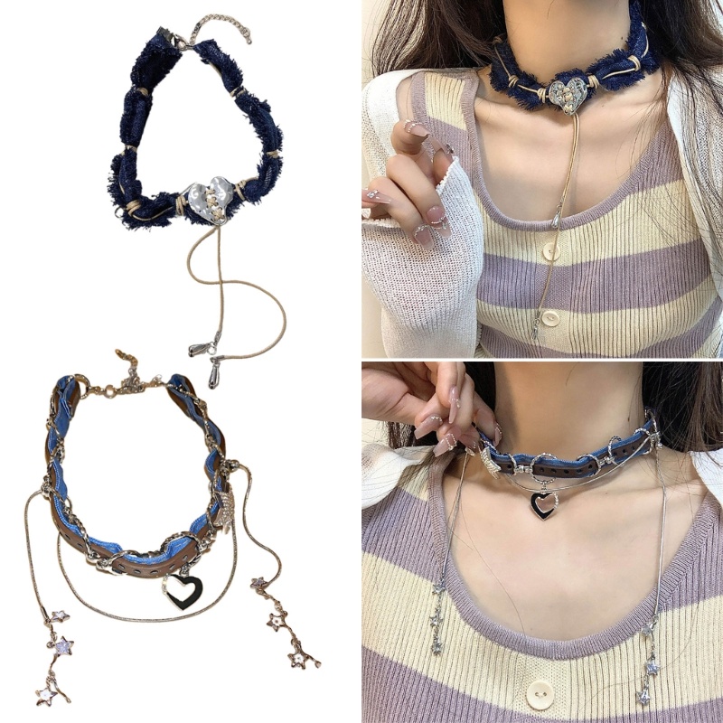Btf Vòng Cổ choker Denim Thắt Nút Hình Ngôi Sao Trái Tim Ngôi Sao Thanh Lịch Có Thể Điều Chỉnh Trang Sức Cho Nữ