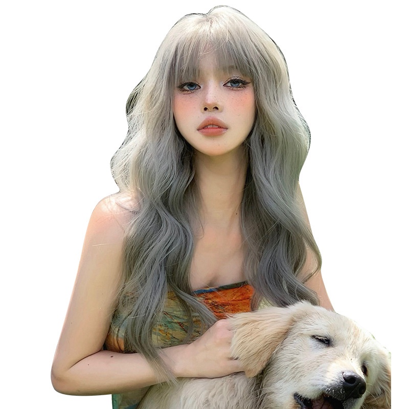 Bộ Tóc Giả Dài Xoăn Gợn Sóng Tự Nhiên Màu Xám Phong Cách lolita