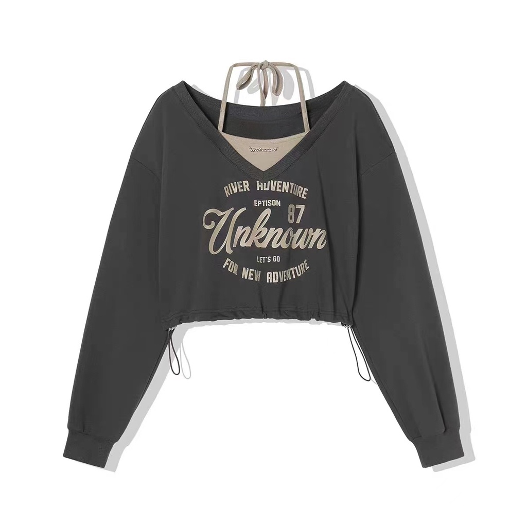Áo Sweater Giả Hai Lớp Dáng Ngắn Phong Cách retro Mỹ Thời Trang Thu Đông 2023 Cho Nữ