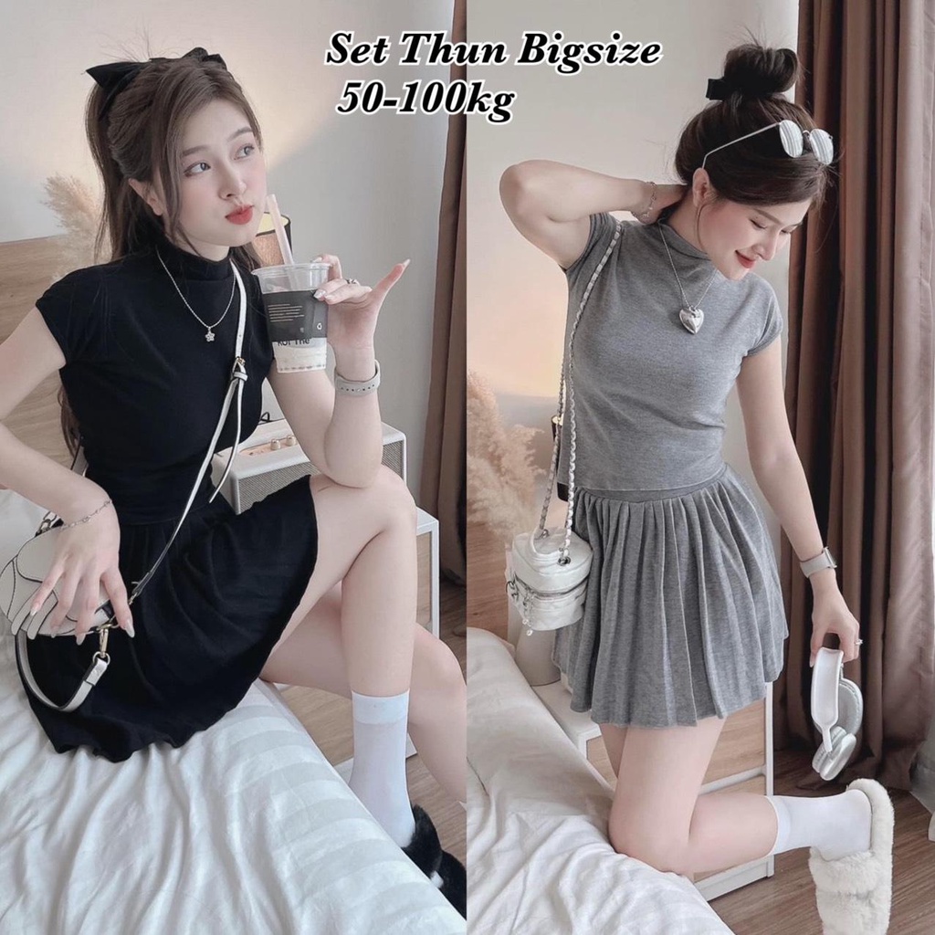 Set Bigsize Thun Tăm Thiết Kế Áo Cổ 3P Tay Hến Vạt Bầu Váy Xoè Có Lót Trong Hot Hit Thời Trang Bigsi