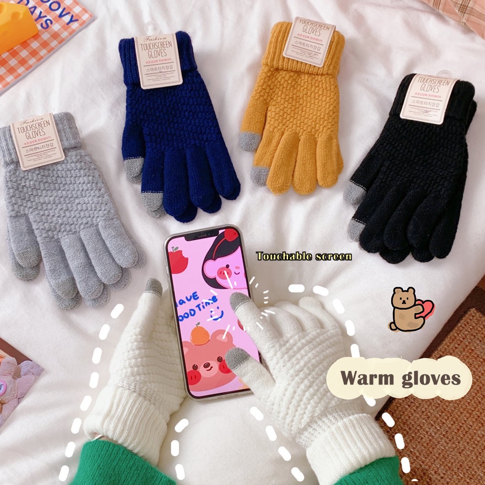 Găng tay len (Bao tay len) dày màu trơn giữ ấm thiết kế ngón tay chạm màn hình cảm ứng - Touchscreen Gloves