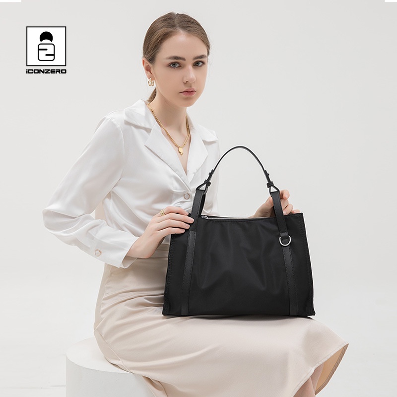 Iconzero Thời Trang Đơn Giản Nữ Dây Kéo Túi Tote Cao Cấp Nylon Nách Túi Phù Hợp Với Màu Đen Lớn-Cap