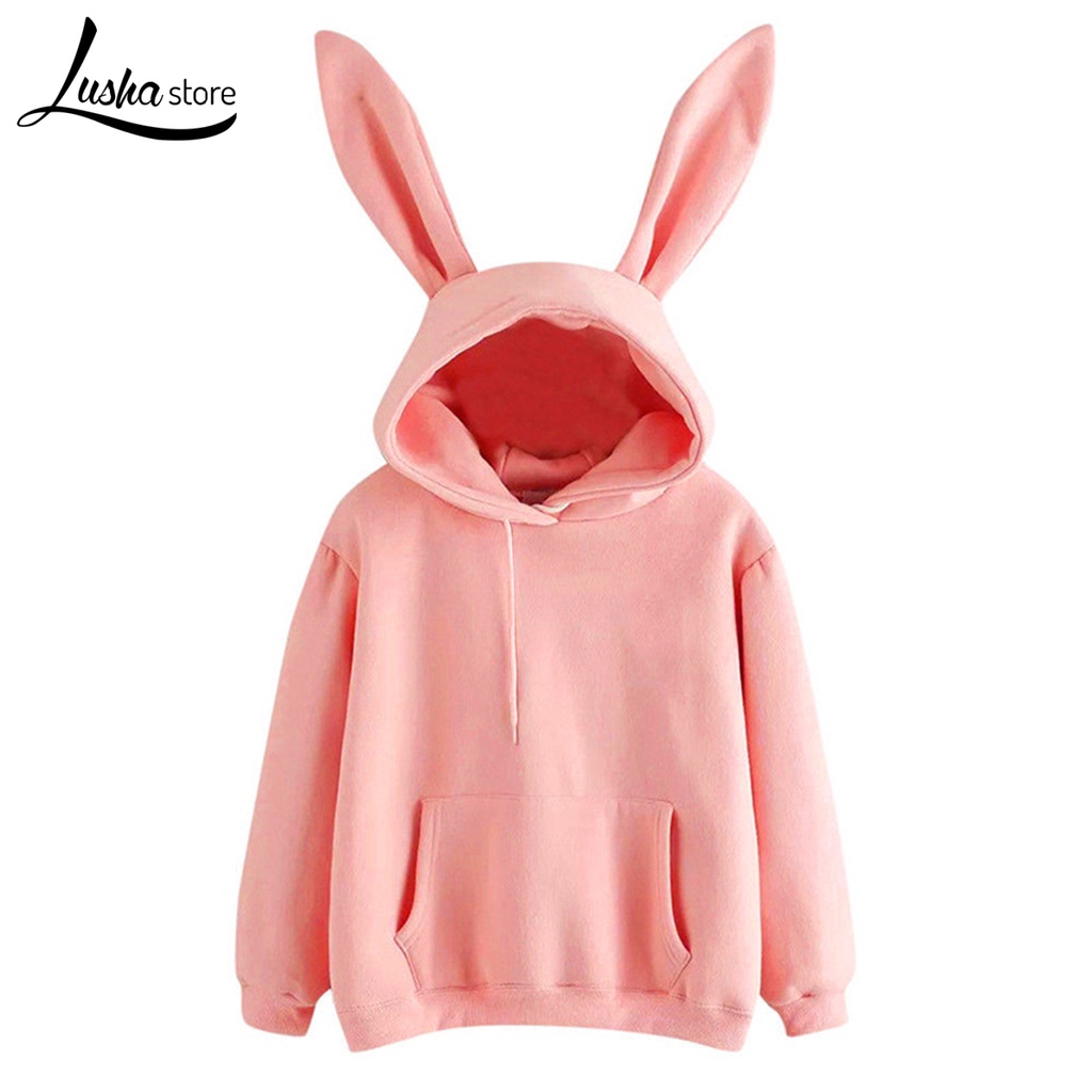 Áo hoodie Tai Thỏ Dài Màu Trơn Ấm Áp Dễ Thương Cho Nữ
