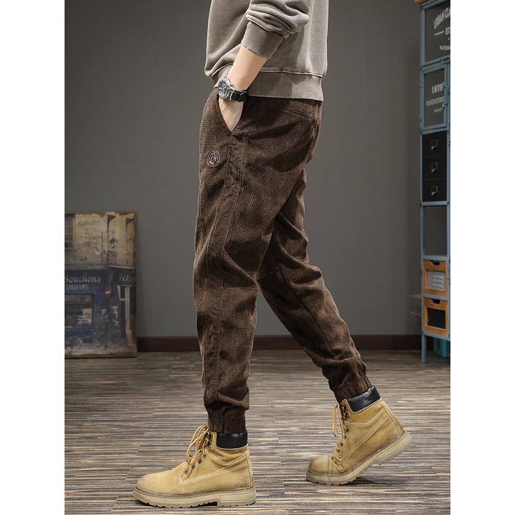 Quần nhung tăm dáng rộng lưng thun co giãn phong cách retro Mỹ thời trang mùa đông cho nam có size lớn