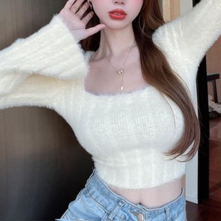 Áo sweater len dệt kim tay dài cổ vuông mềm mại thời trang Hàn Quốc cho nữ