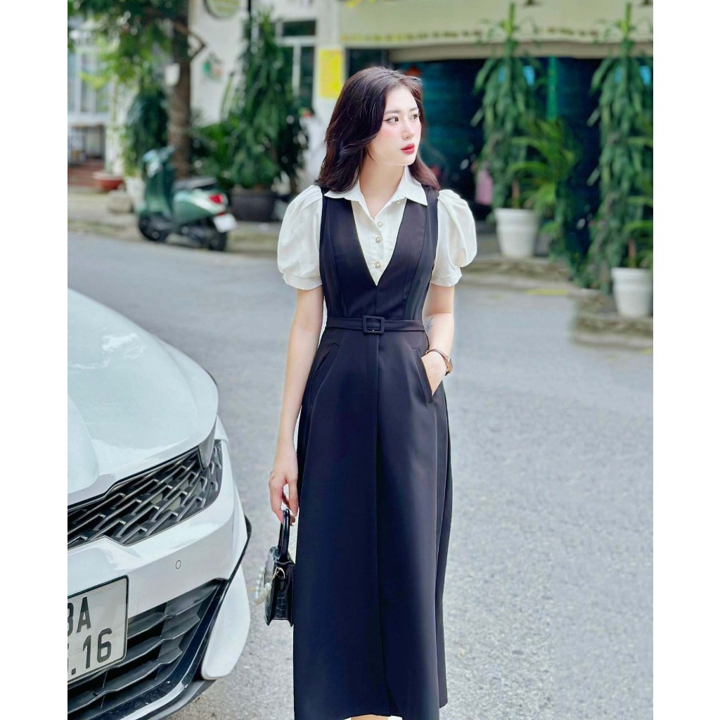 Đầm Váy Nữ Maxi Ngắn Tay Phối Cổ Sơ Mi Có Túi
