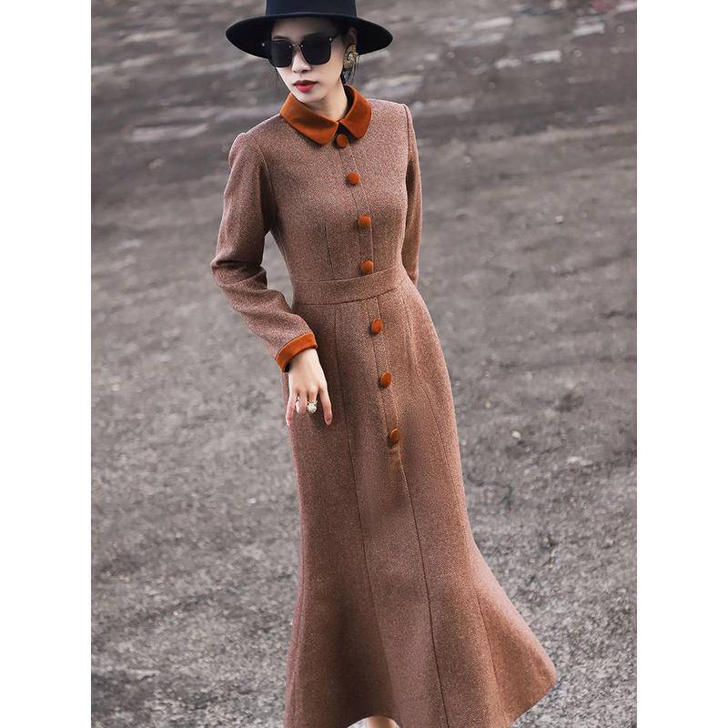 Áo Cổ Búp Bê Chắp Vá Màu Sắc Tương Phản Cao Cấp Phong Cách retro Mùa Thu Đông Mới