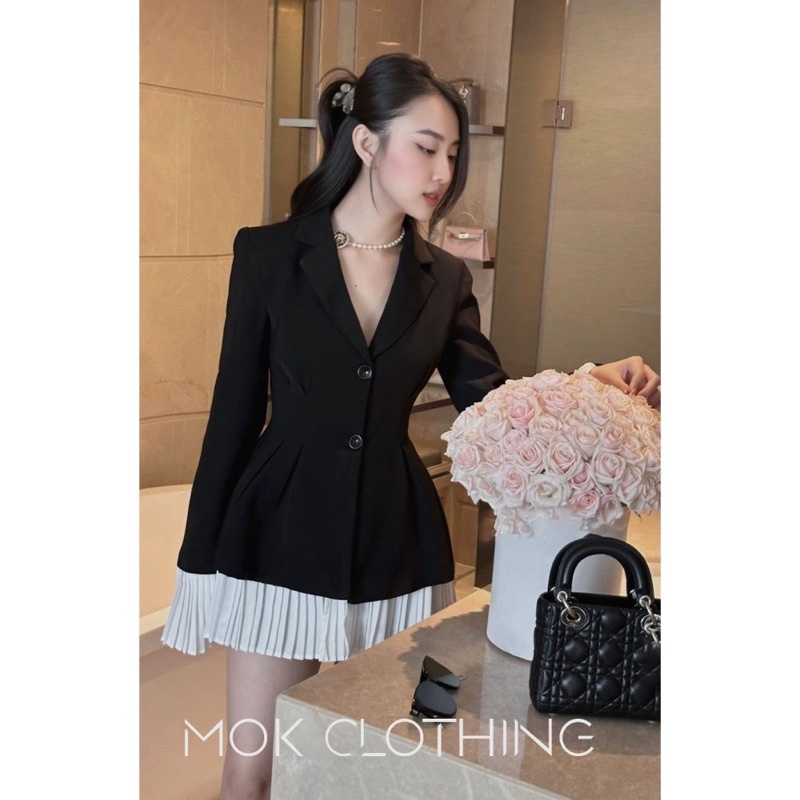 Váy Vest Đen Phối Dập Ly Trắng Hàng 2 Lớp Có Độn Vai Sang Chảnh