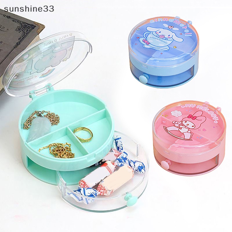 Hộp Đựng Trang Sức Để Bàn 4 Ngăn Hình Tròn Họa Tiết Hoạt Hình Dễ Thương