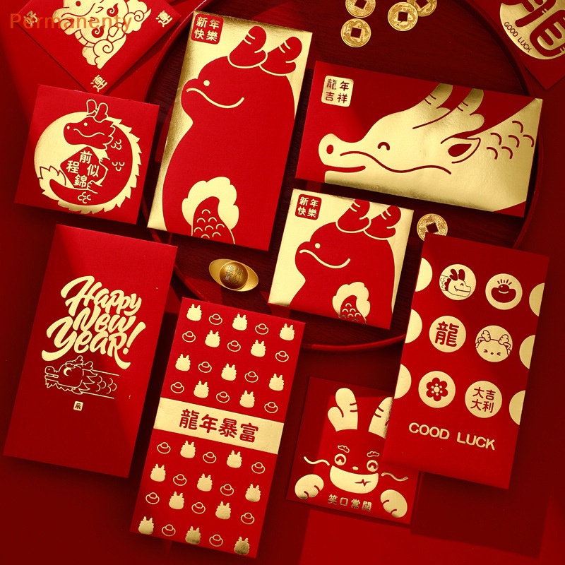 Set 6 Bao Lì Xì Hình Rồng Năm Mới 2024 Màu Đỏ May Mắn