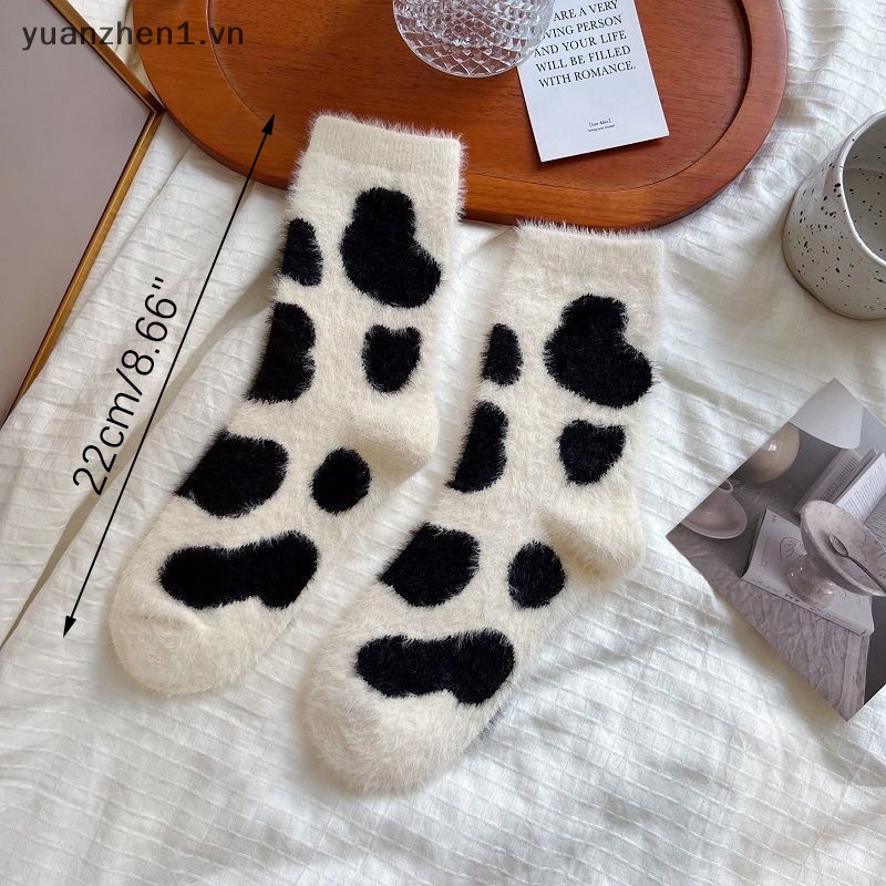 Zhen Vớ Nhung San Hô Giữ Ấm Mùa Đông In Họa Tiết Bò Sữa Vui Nhộn sox vn